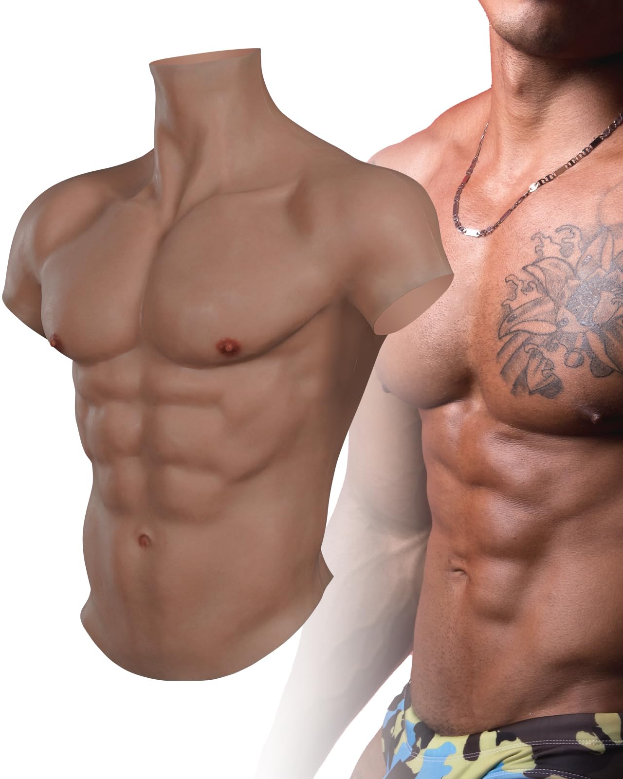 Silicone Muscle Suit Realistic Male Chest Plate High Collar Premium Fake Abs Chest for Cosplay Halloween Transgender